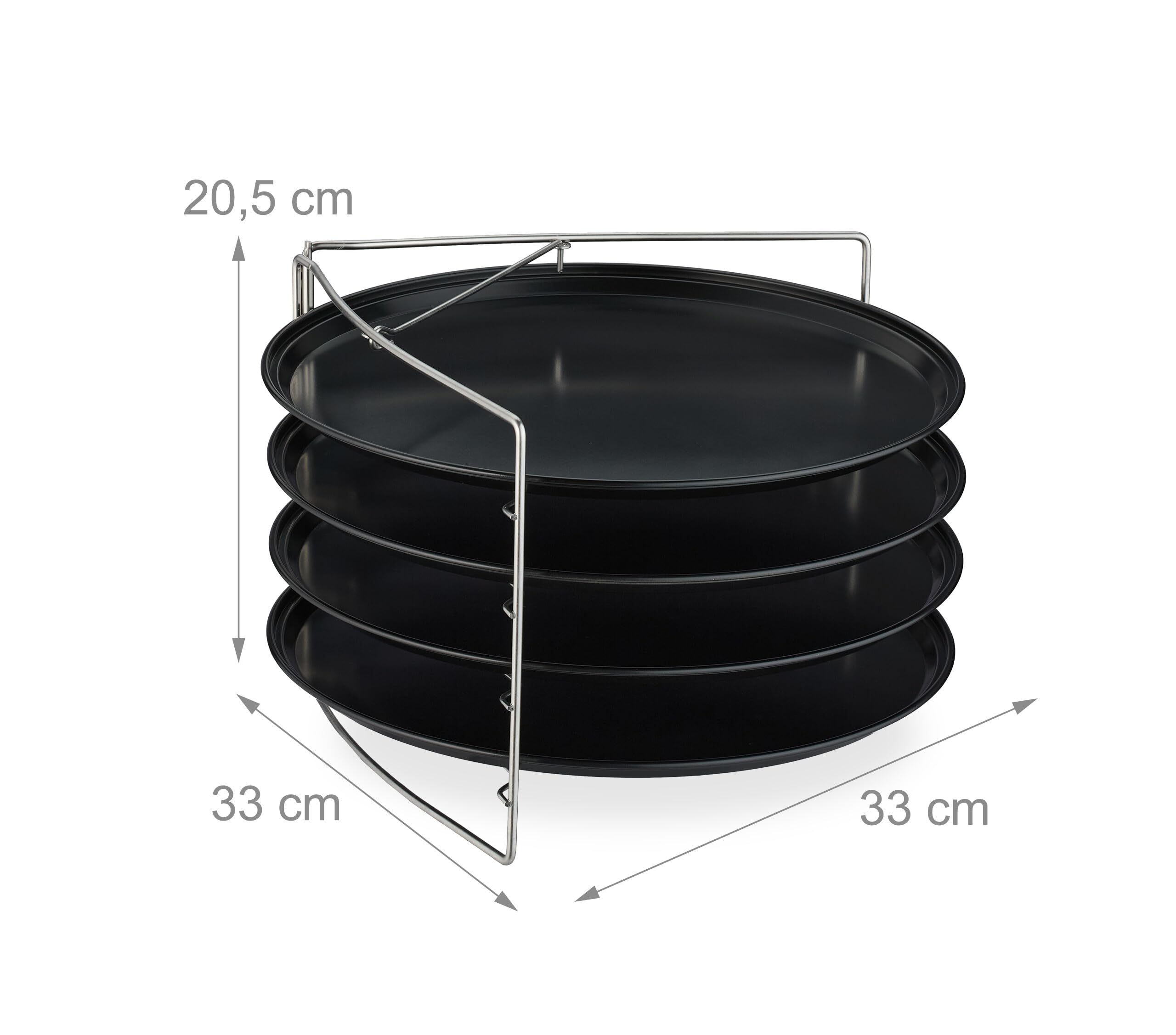 Relaxdays Plaque à Pizza, 4 pièces, avec Support, antiadhésif, Acier au Carbone, Rond, Anthracite/Argent