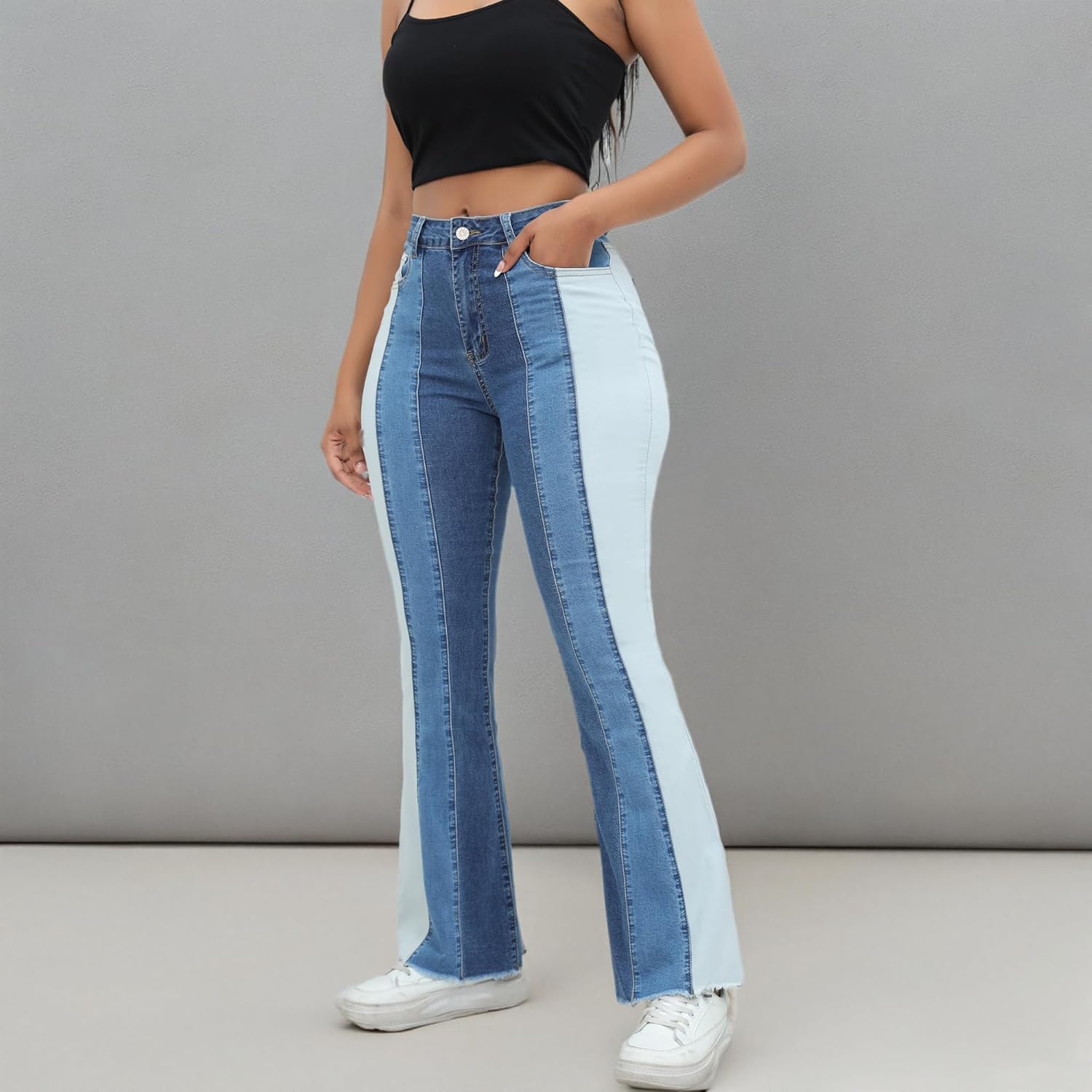 THUNDER STAR Women Patchwork Flare Jeans Stretch High Waisted Bell Bottom Raw Hem Denim Pants - Image 10