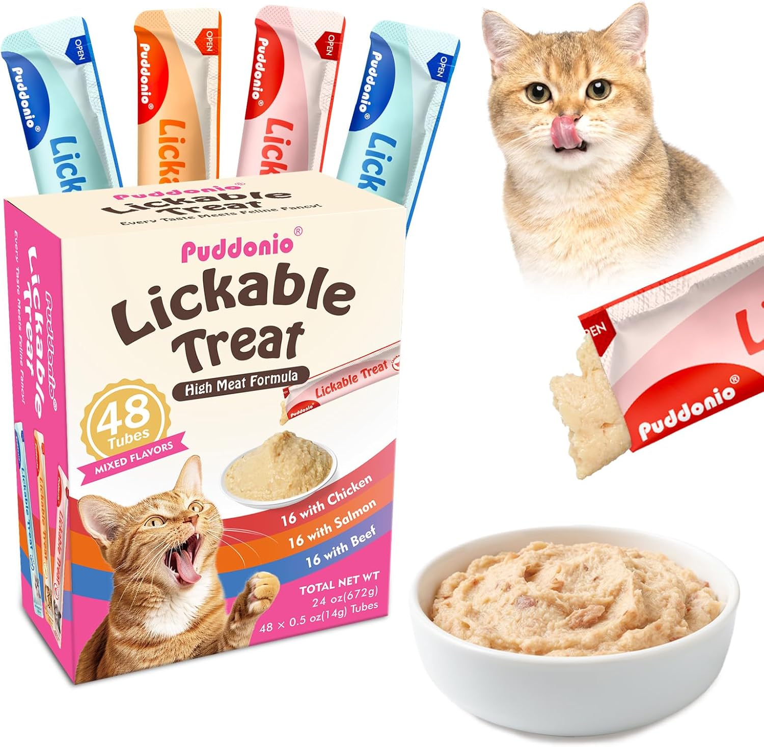 Lickable Cat Treats, High-Meat Puree, Grain & Gum Free, High Protein, No Additives, 0.5oz Tubes (Pack of 48)