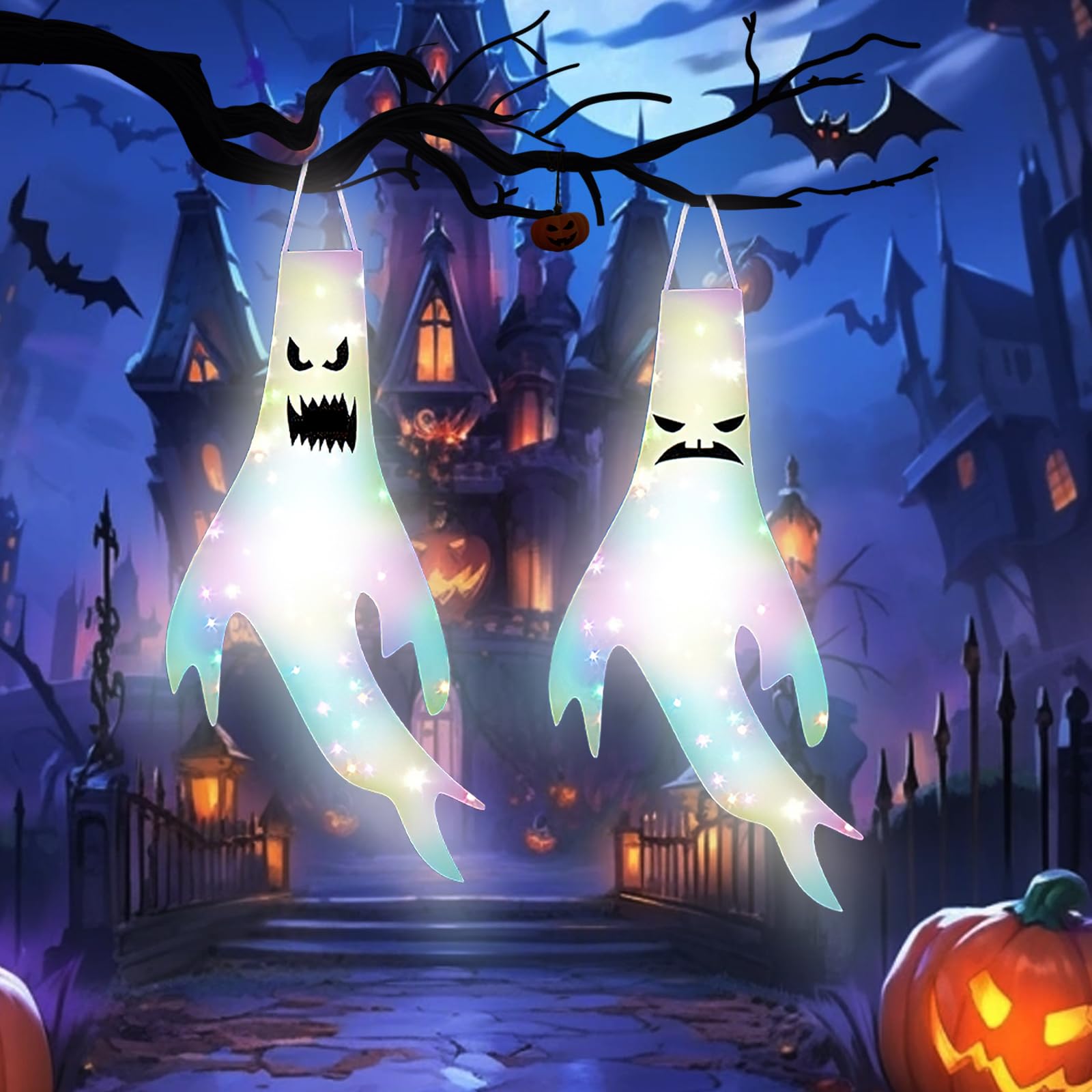 2 Pezzi Halloween Appendere Fantasma, Fantasmi Windsock con LED, Ghost Manica a Vento,Fantasma Sacco Vento, Appesa Fantasmi Decorazioni, Appeso Ghost Windsock, Halloween Manica Ventos