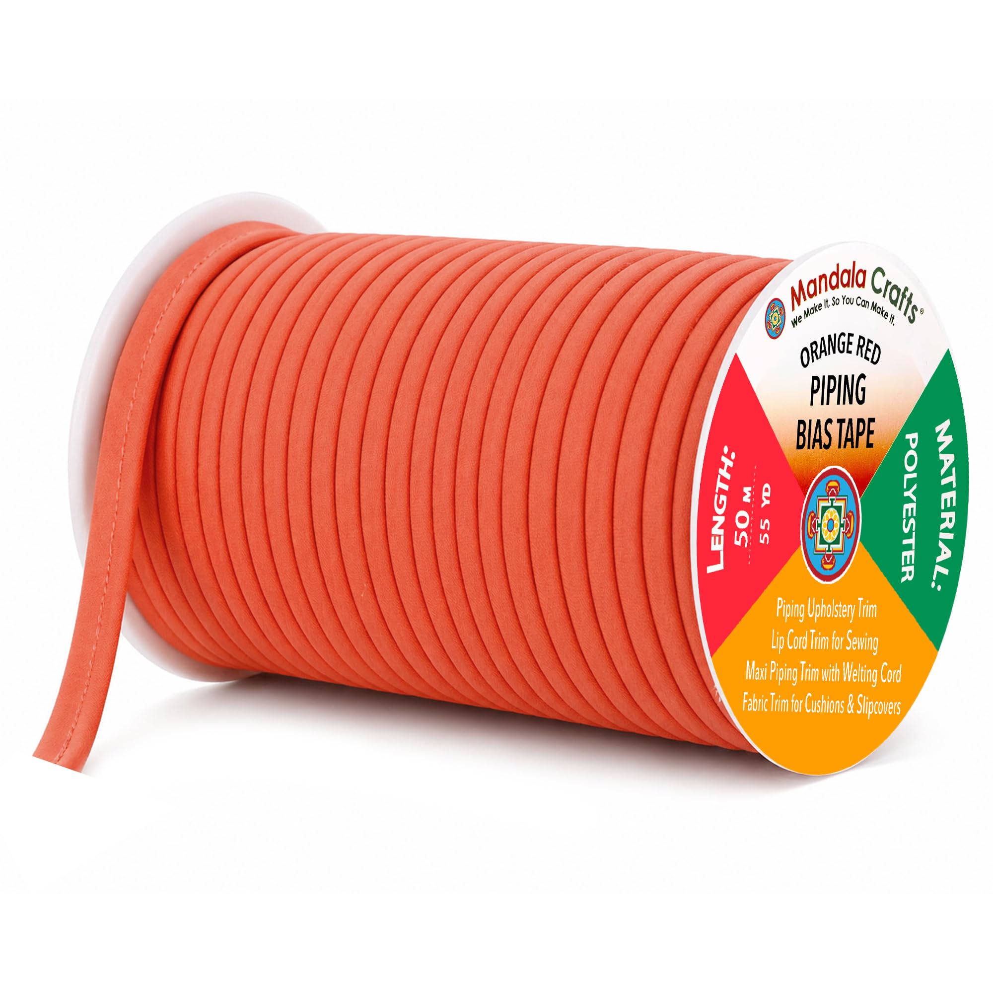 Mandala Crafts Orange Red Maxi Piping Bias Tape with Welting Cord - 1/2 Inch Upholstery Piping Trim for Sewing, Cushions, Slipcovers, and DIY Decor -