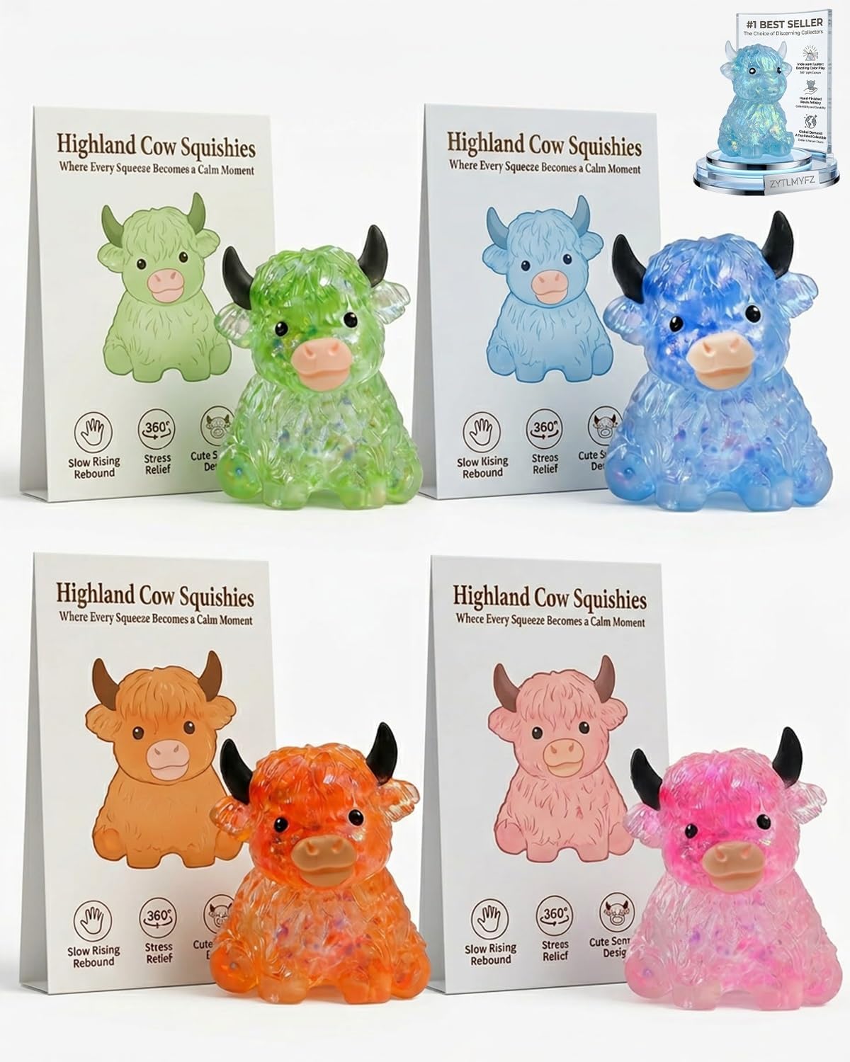 Highland Cow Squishies Glitter Squishy Soft Slow Rising Pocket Cute Stress Ball Sensory Squeezing Cute Squeeze for Adults Fidget Highlandcow Relief Cows Squishiesfidget Ball(Mixed(4pcs))