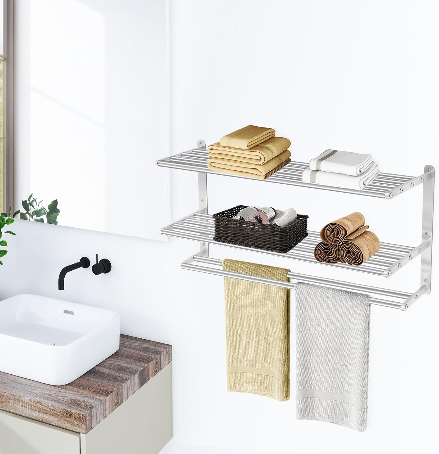 3 Tier Towel Racks for Bathroom Wall Mounted, 32 inch Bathroom Shelf with Towel Bar, Brushed Nickel Shelves for Towels, Stainless Steel Modern Silver Multi Holder
