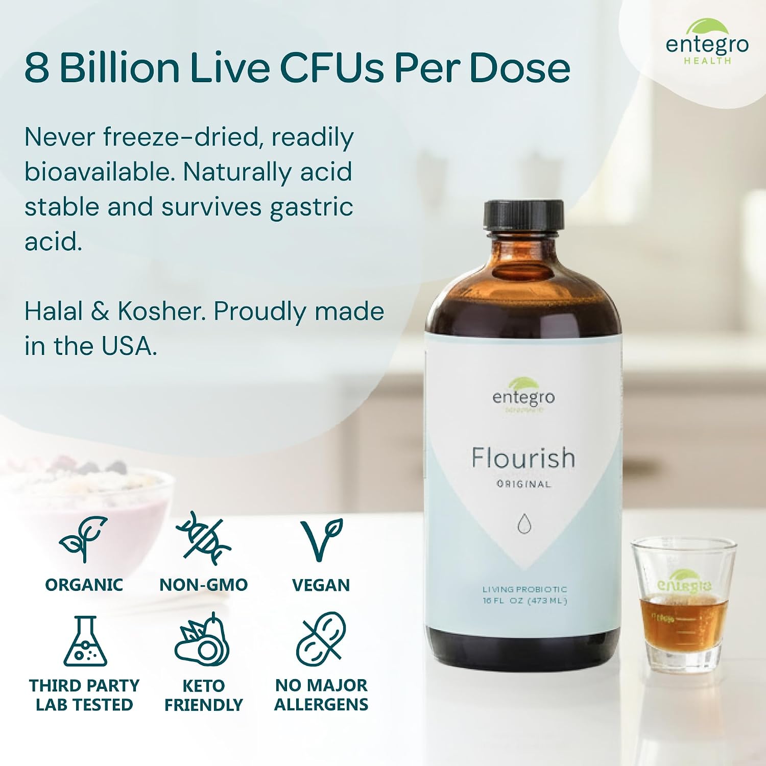ENTEGRO Flourish Original Liquid Probiotic & Postbiotic Supplement - Plastic | 11 Live Cultures | Gut & Digestive Health for Women, Men, Kids | Organic, Vegan, Allergen Free | USA Made | 16 fl oz