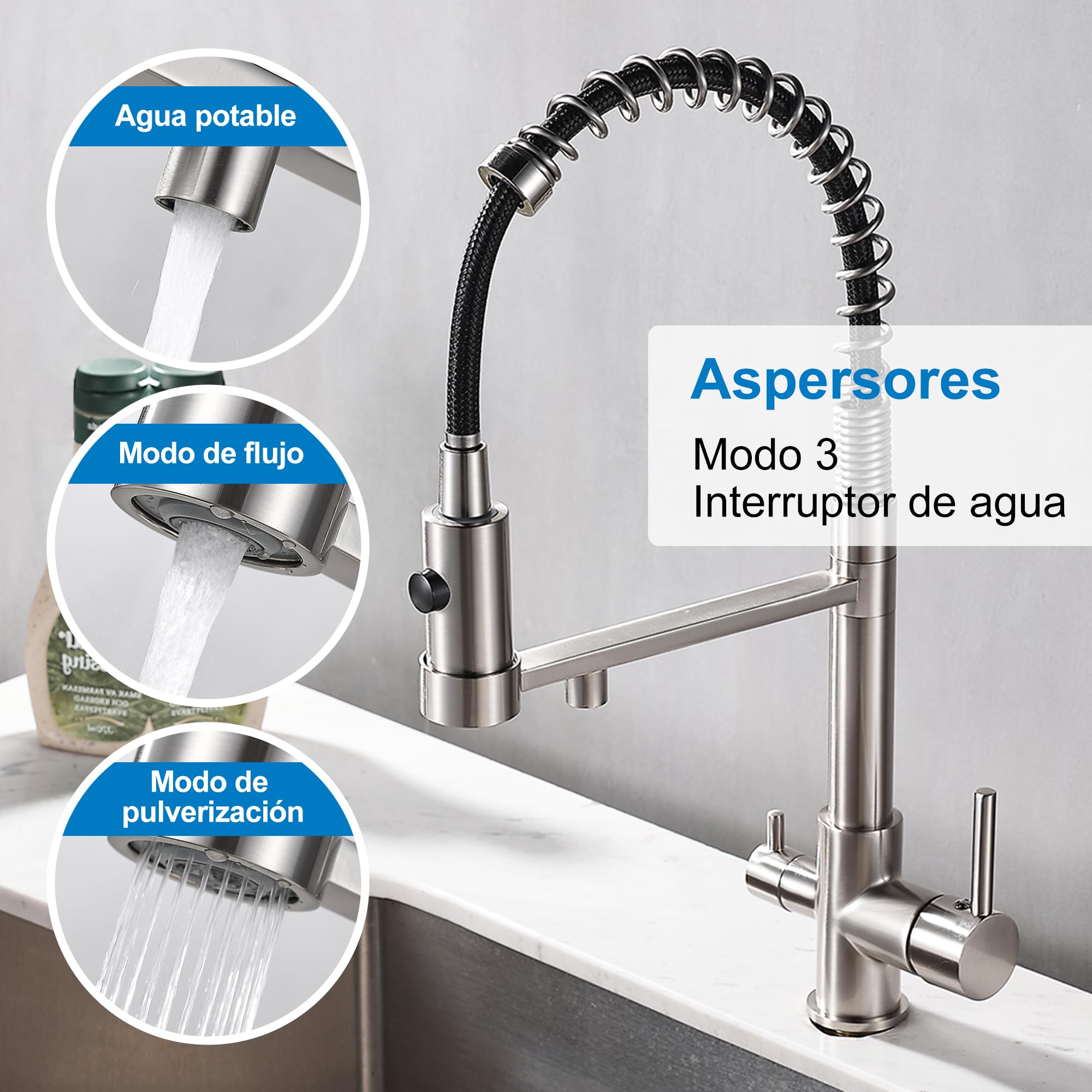 Robinet de cuisine 3 voies extensible en laiton 3 en 1 pour filtre à eau Nickel brossé
