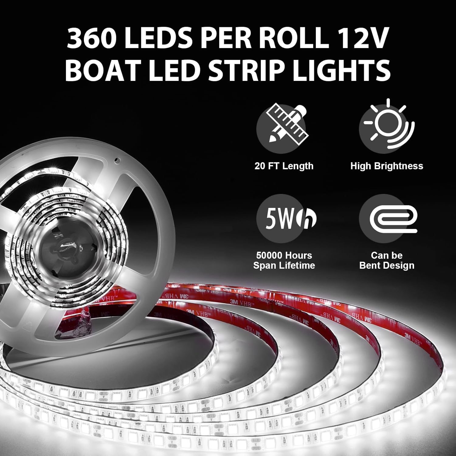 40FT Boat LED Strip Lights 12V Waterproof, Marine LED Strip Lights for Pontoon, Ideal as Under Gunnel Lights, Deck Light, Boat Interior Light for Kayak, Jon Boats and Fishing Boats (White)