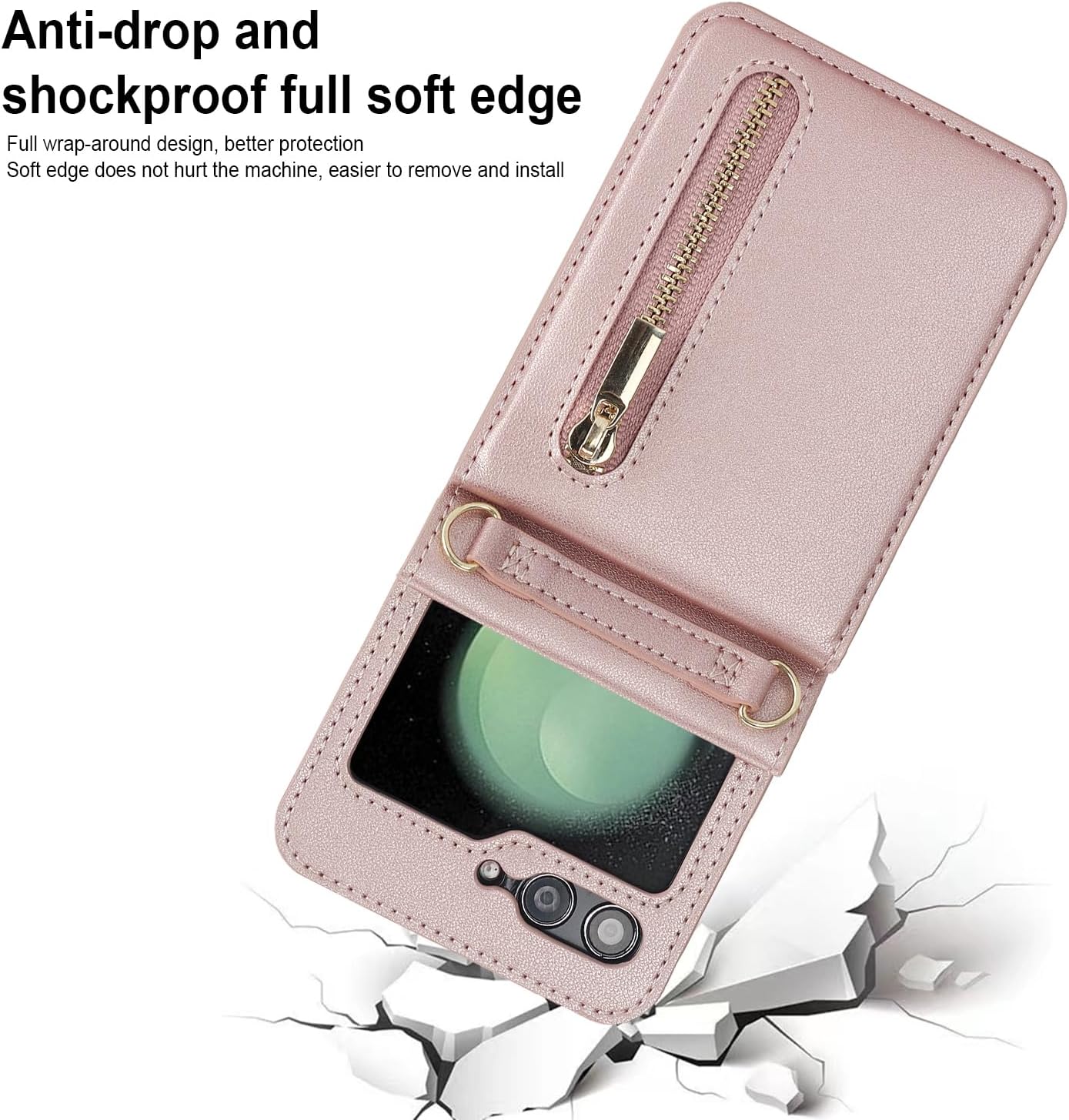 for Samsung Galaxy Z Flip 6 Luxury Zipper Wallet Phone Case, Multi-Function Kickstand Card Holder Adjustable Crossbody Strap, Fashion Flip Case.(Rosegold)