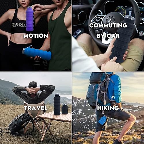 Miniatura 6 de Botellas de agua plegables, paquete de 2 botellas de agua de silicona de viaje sin BPA con mosquetón, 17 onzas, reutilizable, plegable, ligera,