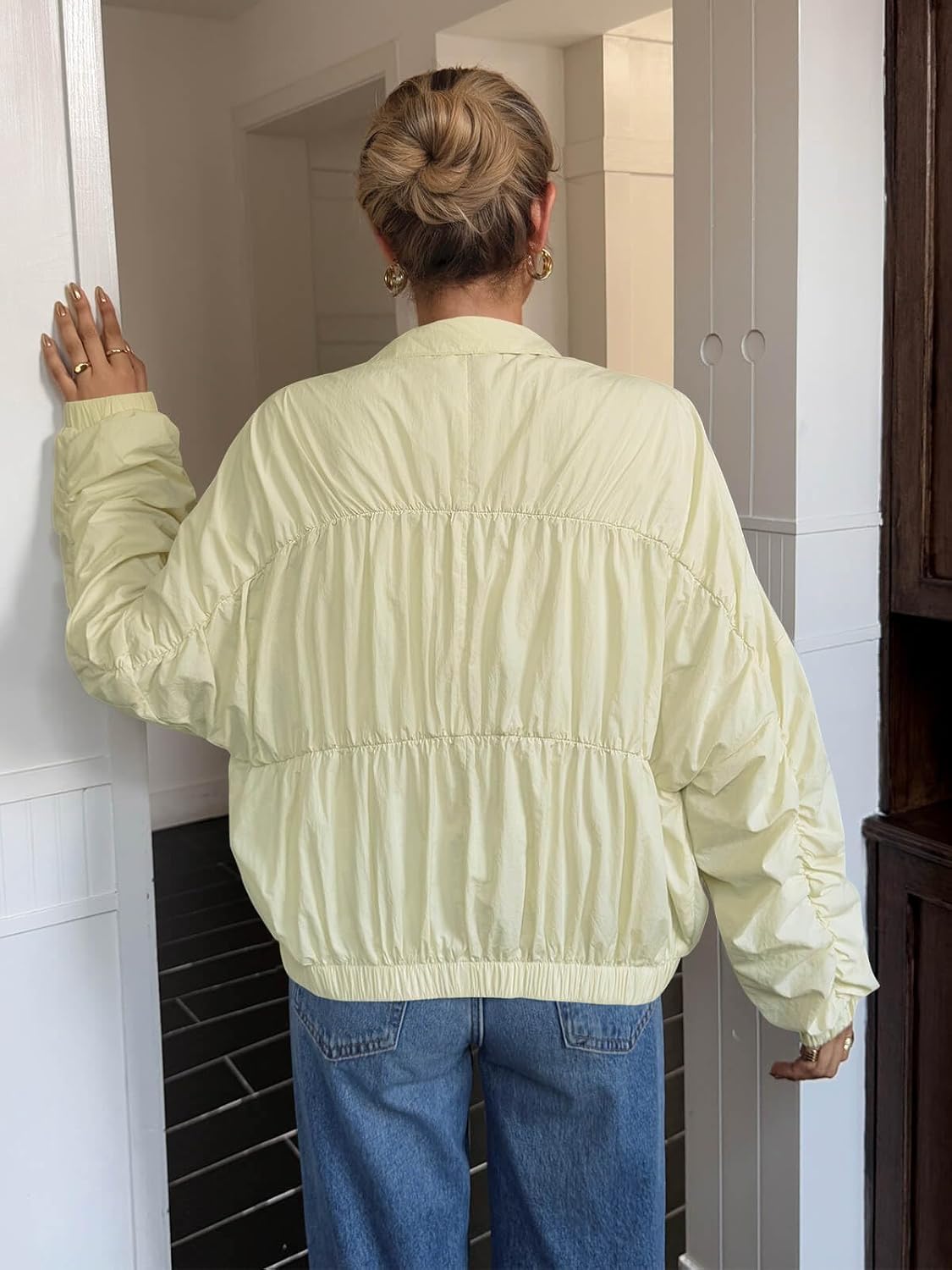 Yousify Womens Lightweight Bomber Jacket Oversized Batwing Sleeve Zip Up Stand Collar Ruched Coat Jackets with Pockets - Image 4