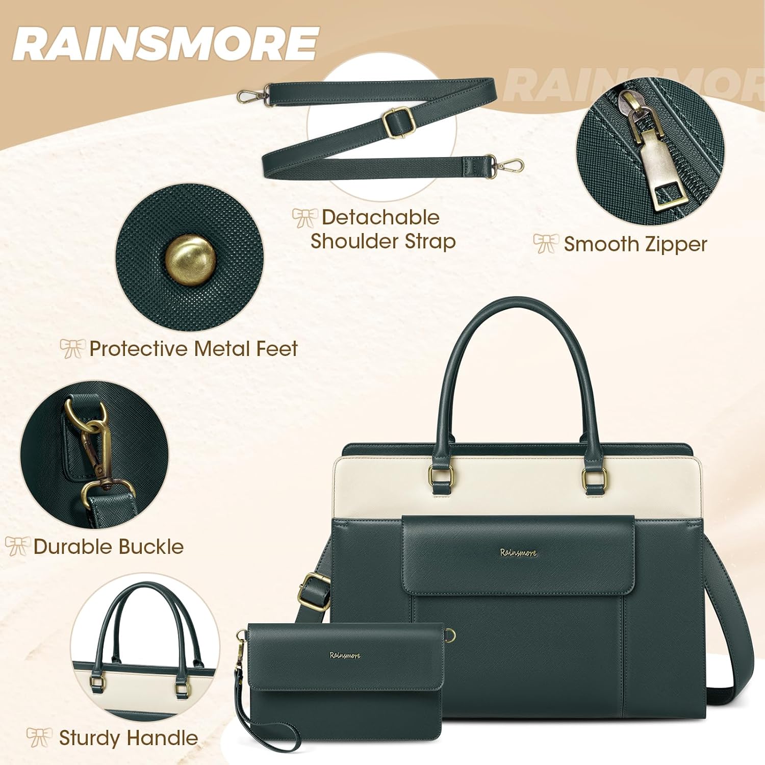 RAINSMORE Laptop Bag for Women 15.6 inch Leather Laptop Tote Bag Large Computer Bags Waterproof Business Office Work Bags Briefcase with Satchel Purse 2pcs Set, Dark Green
