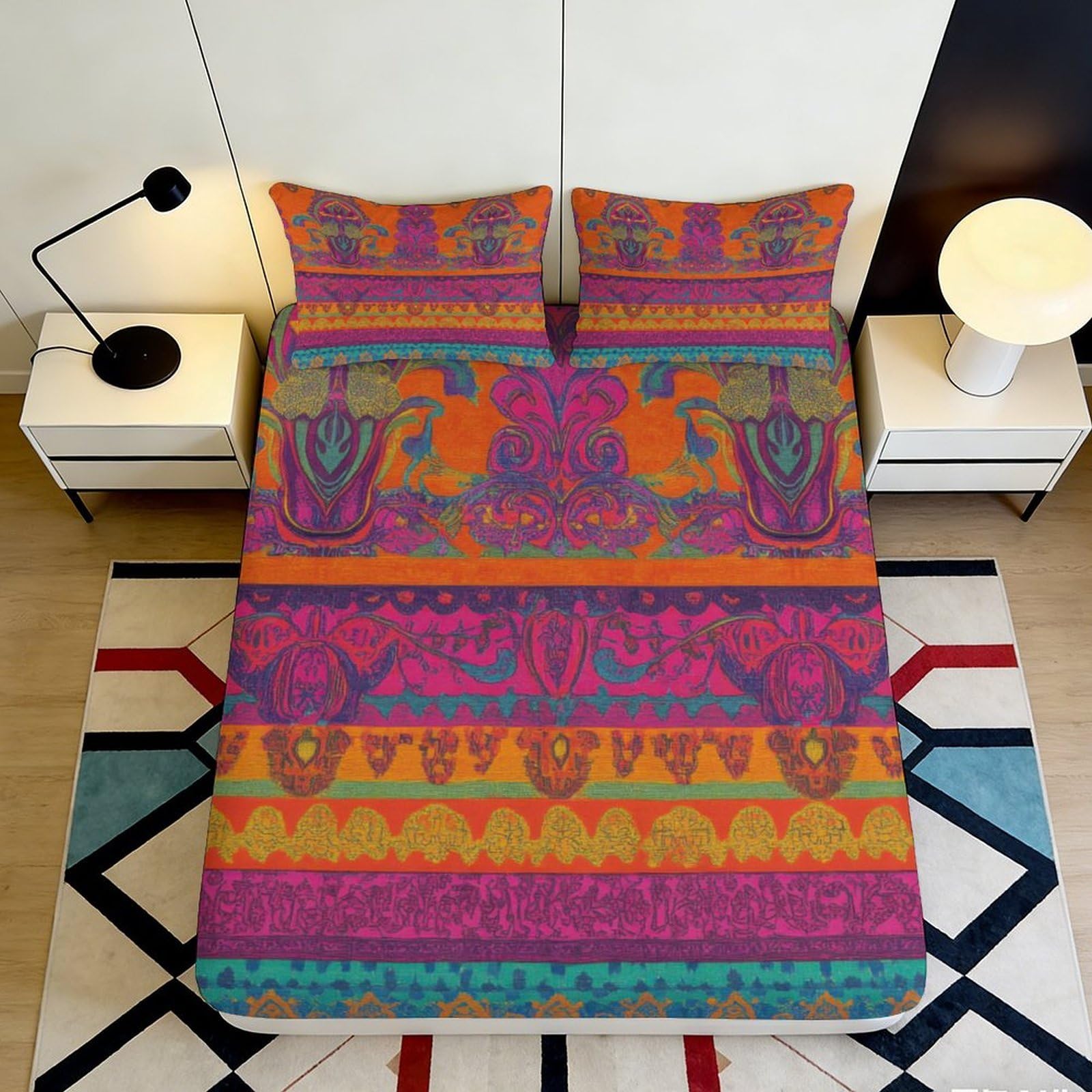 3D Printed Boho Mandala Fitted Sheet Microfiber Vibrant Paisley Mattress Cover Orange Pink for Bedroom Dorm Decor 160x200x25cm