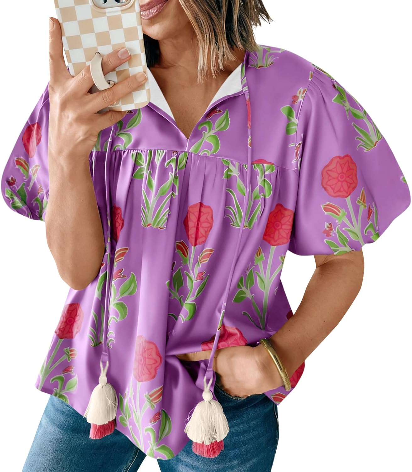 Cicy Bell Womens Boho Floral Blouses Short Puff Sleeve V Neck Babydoll Shirts Flowy Tie Front Tops