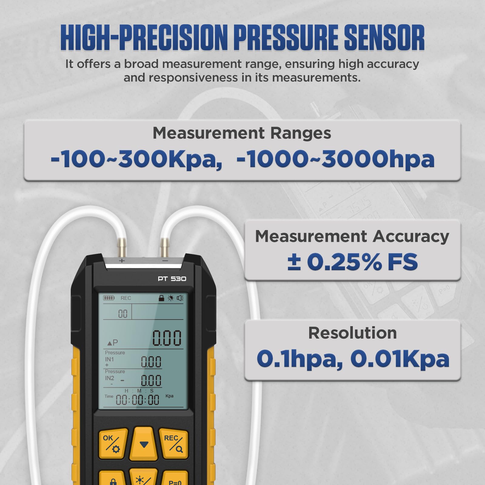 PT530 Manometer-Gasdruckprüfer -100 bis 300 Kpa Digitales Dual-Port-Feldmanometer HVAC 10 Einheiten 7 Adapter, Datensperre und -speicherung Display mit Hintergrundbeleuchtung