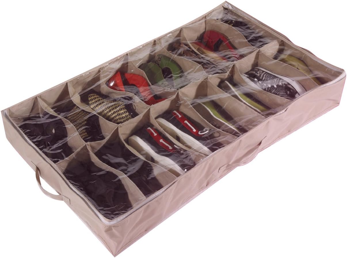 Brilliant Feet CST025 - Large Heavy Duty 16 Pocket Underbed Shoe Storage Bag for up to 16 Pairs of Shoes - Robust Oxford Canvas-Type Material (600D) - Clear PVC Lid - 60x15x100cm - Beige