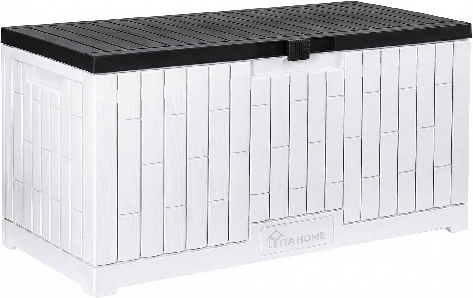 Large Deck Box 120 Gallon Resin Outdoor Storage Box w/Slide-Locking Black Lid, Patio Storage Bin for Outdoor Pillows, Garden Tools and Pool Supplies, Waterproof, Lockable, Grayish-White