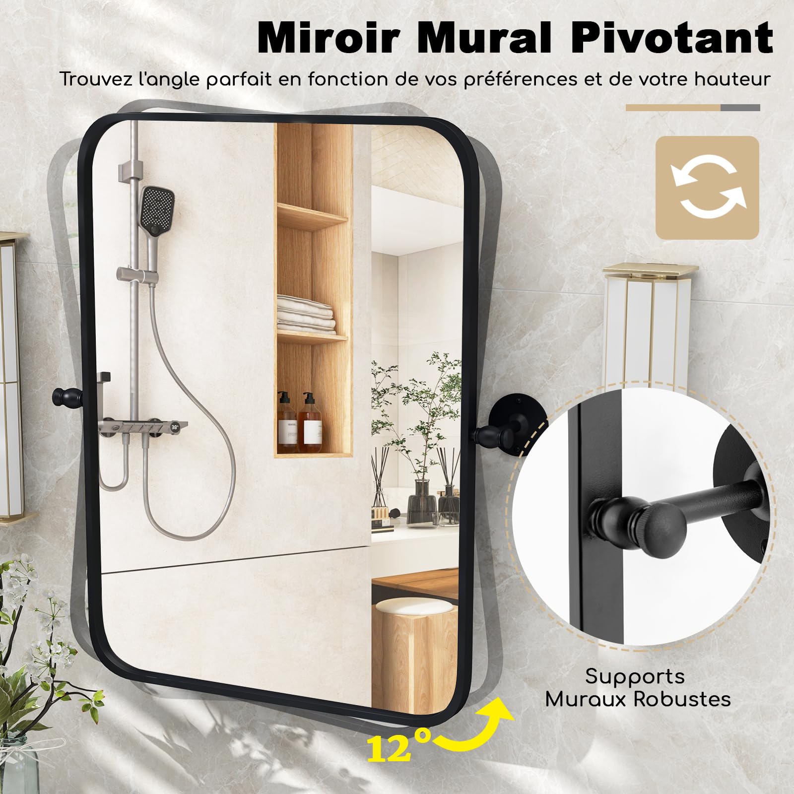 GOPLUS Miroir Mural 76,5X 66,5cm avec Cadre en Métal Noir, Miroir Salle de Bain avec Coins Arrondis, Pivotant & Inclinable, pour Entree Chambre Moderne