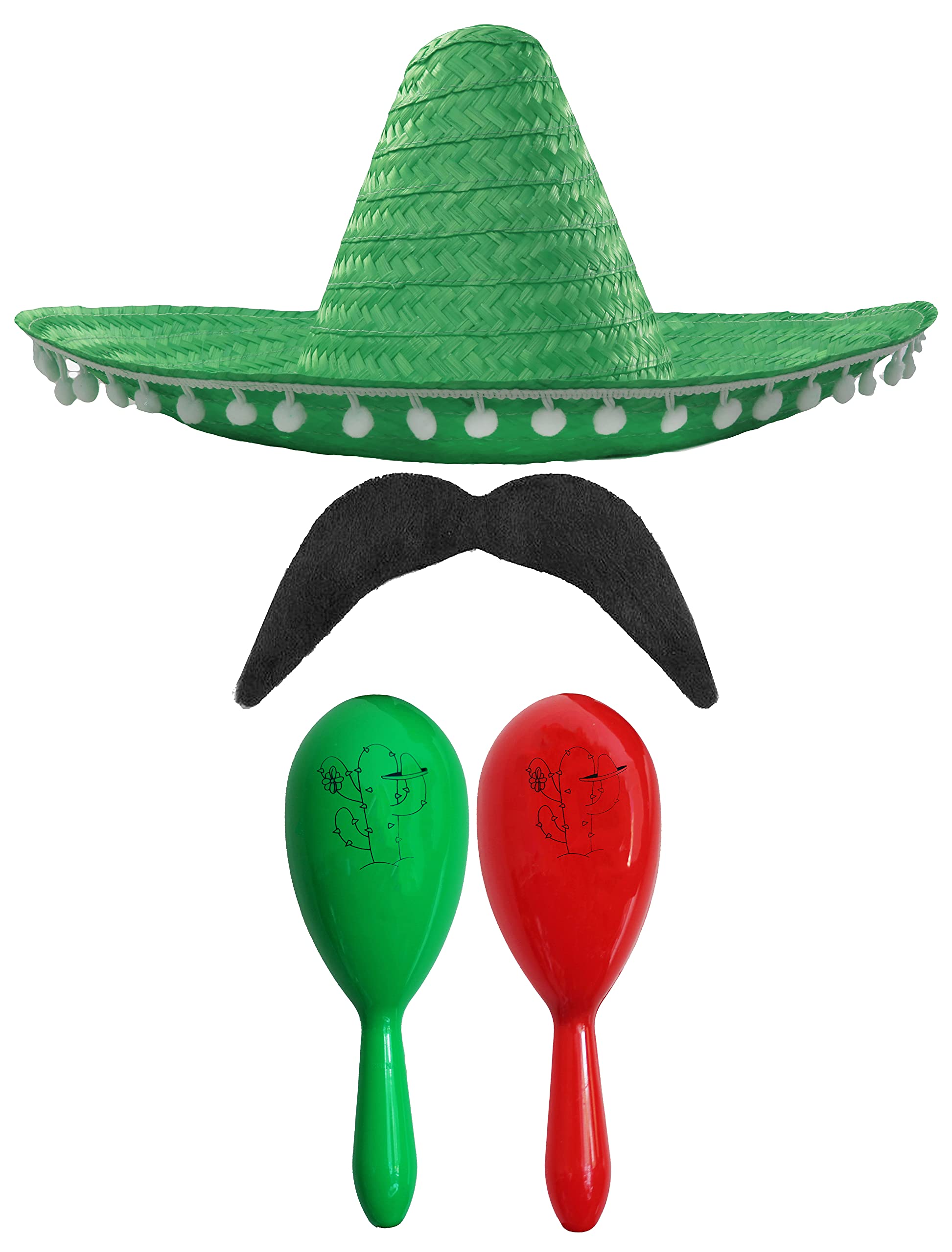 Adults Mexican Accessory Set - Green Mexican Sombrero, Green & Red Maracas, Moustache - Mexican Cinco de Mayo Sensorita Bandit Mariachi Fancy Dress Costume Accessory Set