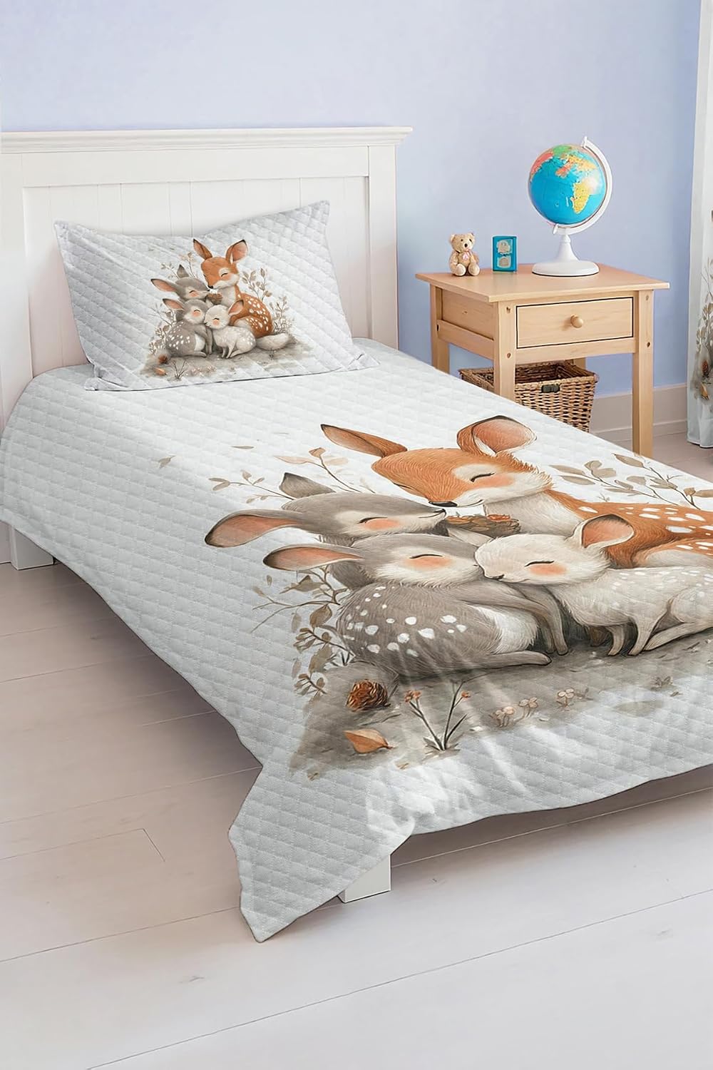 SODEF Kids Quilt Set Cute Rabbit and Deer Pattern, Single Size Bedspread, Soft Cotton Polyester Blend, 2 Piece Set for Children and Teens - Multicolor, One Size