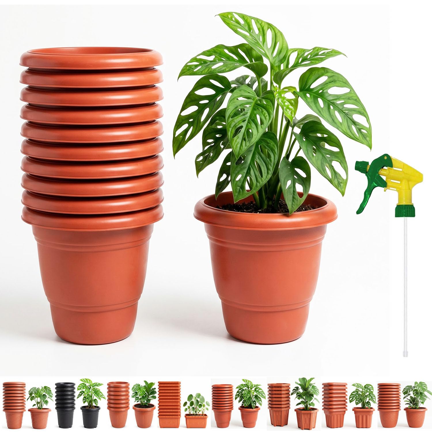 UR Little Shop 14 Inch Round Flower Pots (Plain) for Indoor & Outdoor Plants |Pack of 5 | Includes Trigger Spray Head | Drainage Base Terracotta Planters for Home, Garden, Nursery, Balcony-image-32