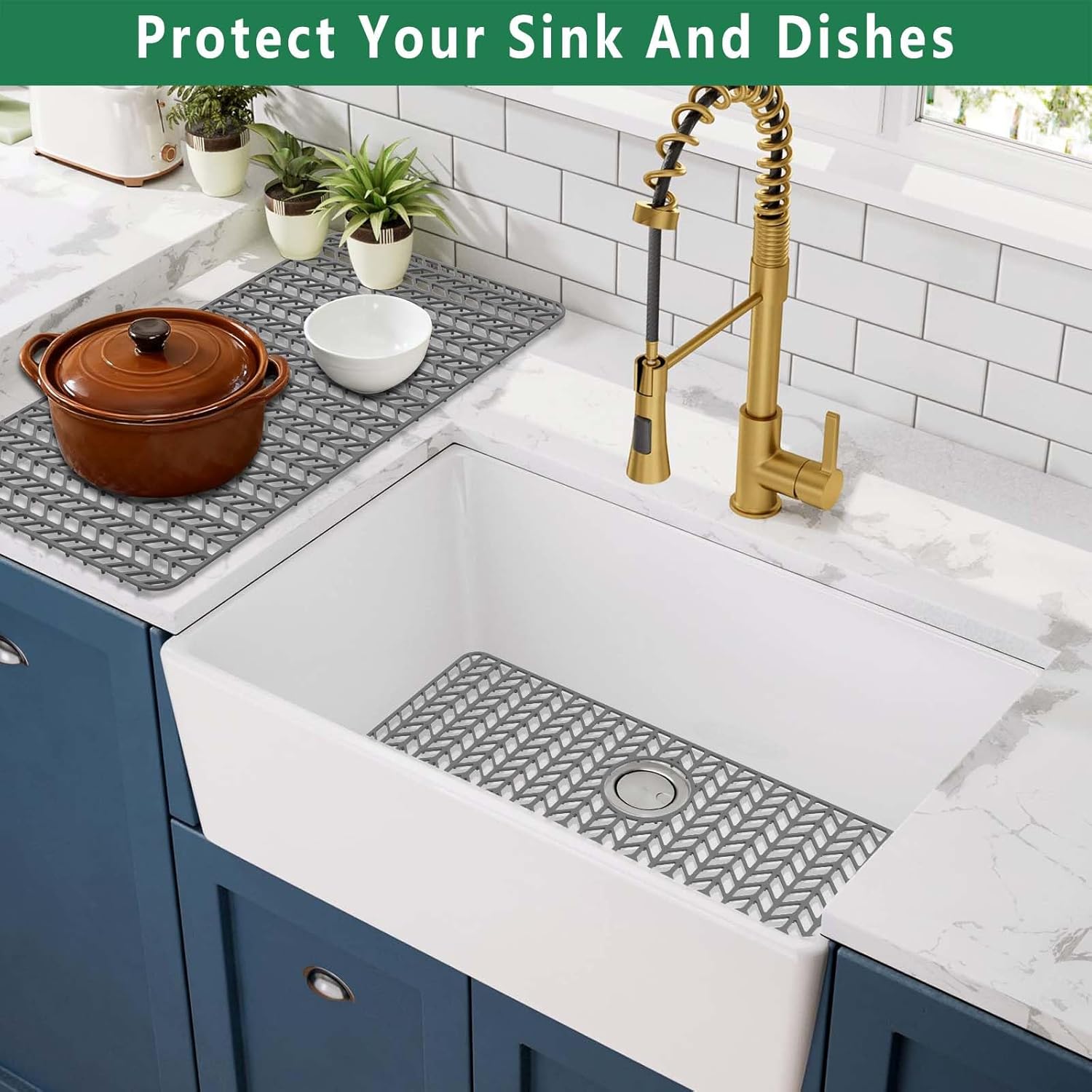 GUUKIN Sink Protectors for Kitchen Mat -30"x 16" Silicone Kitchen Sink Mat Grid for Bottom of Farmhouse Stainless Steel Porcelain with Rear Drain（Grey
