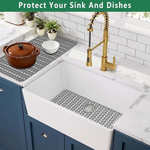 Vista 72 de GUUKIN Protectores de fregadero para fregadero de cocina, 26 x 14 pulgadas, rejilla de silicona para fregadero de cocina de granja, fregadero