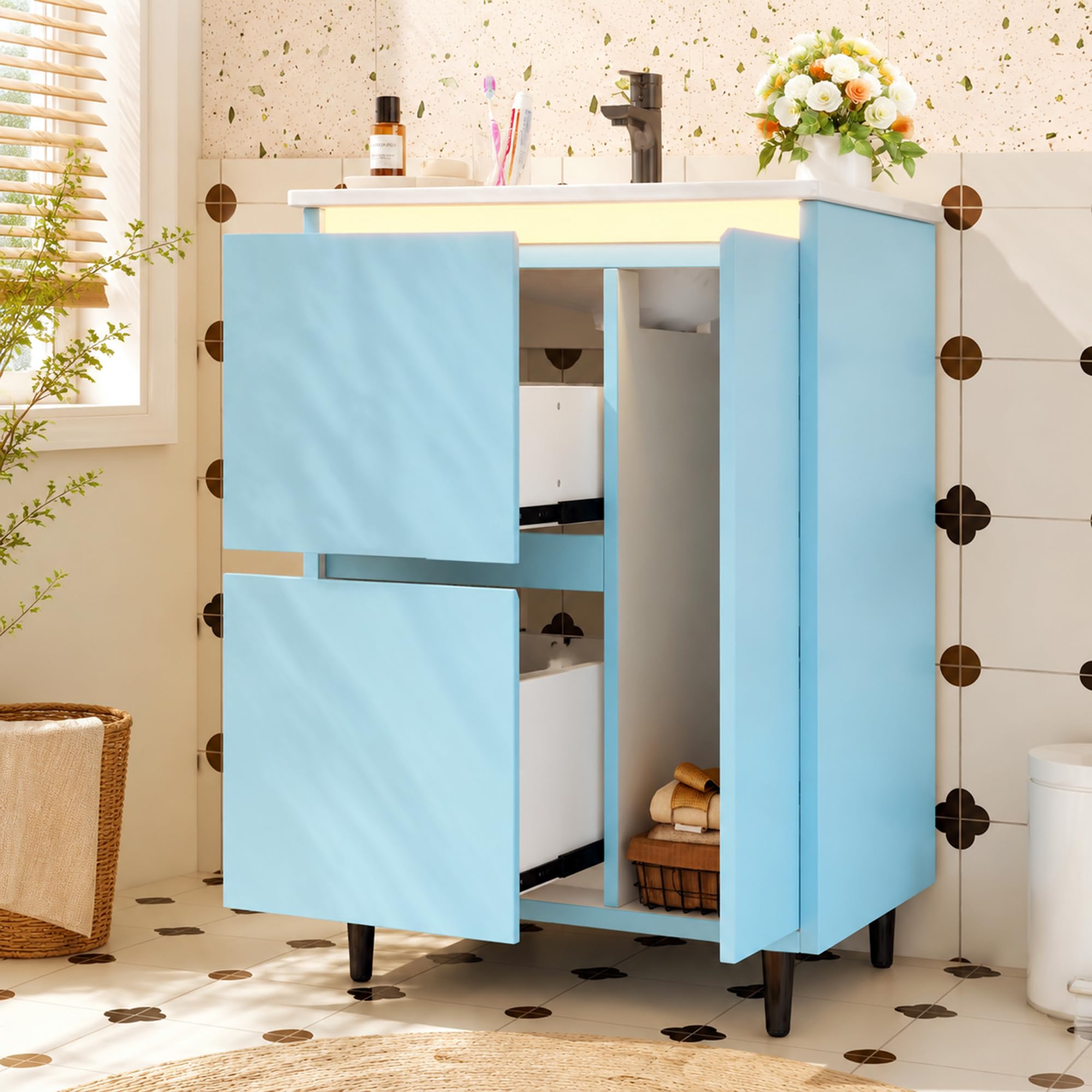 Tocador de baño independiente, 61 x 46,5 x 87 cm, lavabo de cerámica integrado, superficie completamente lacada, dos cajones, diseño de pie alto, color azul