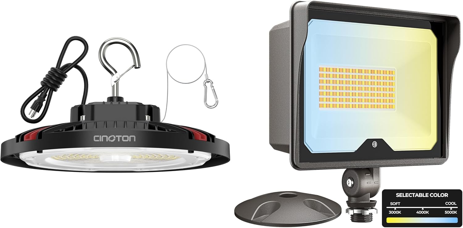 CINOTON 210W UFO LED High Bay Light & 55W LED Flood Light 3CCT 1 Pack