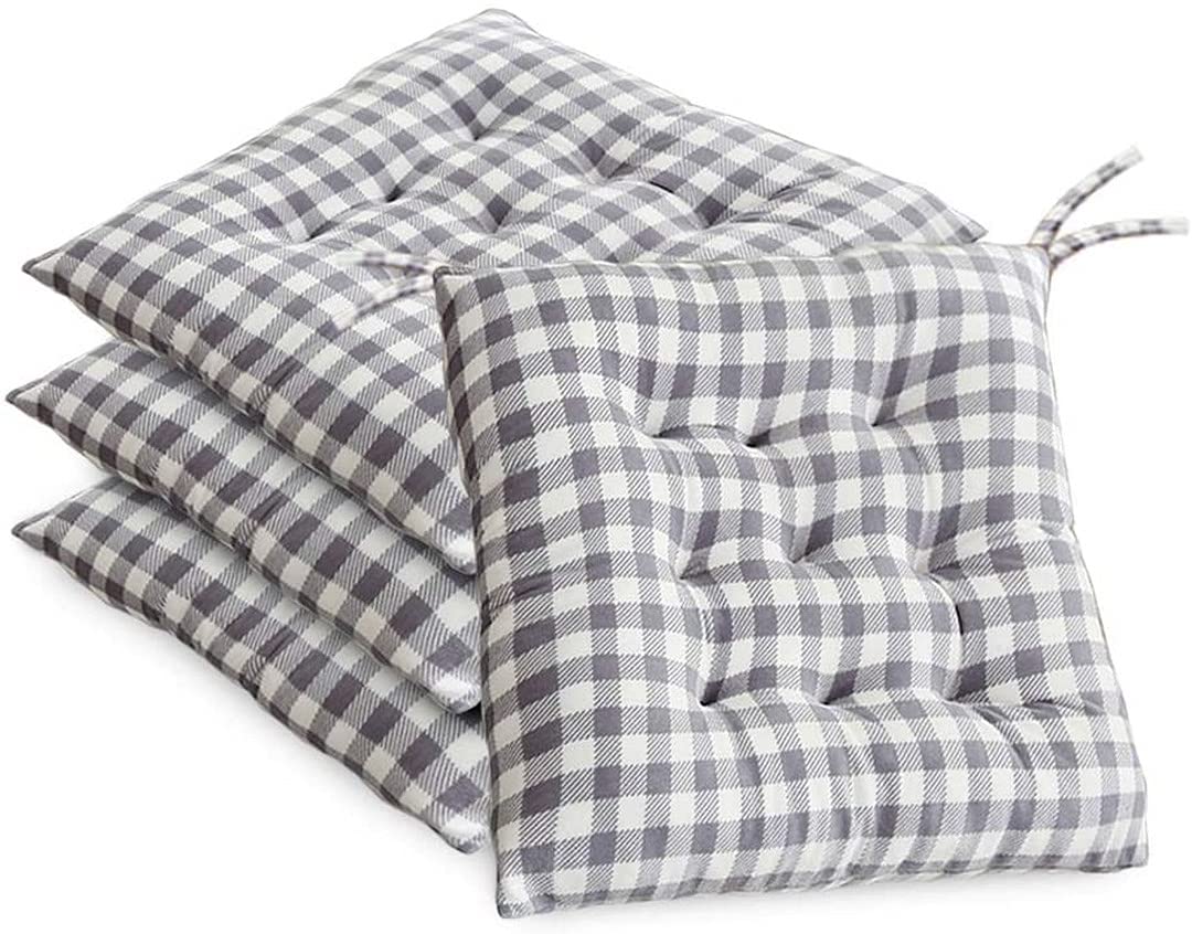 AOOPOO Set of 4 Chair Cushion Pads, Square Plaid Chairs Seat Pad for Kitchen/Dining/Garden Seat Cushions with Ties, 16" x 16" Thick Soft Comfy Seating for Indoor/Outdoor Decorations (Grey and White) — image 1