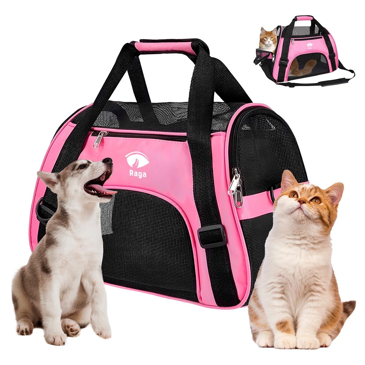 Raganet, Maleta Transportadora de Mascotas, Perros y Gatos, Bolsa Portátil para Máximo 10Kg de Peso, Medidas: 42cm Largo X 20cm Ancho X 25cm Altura, Mochila para Viajes y Auto Color Rosa