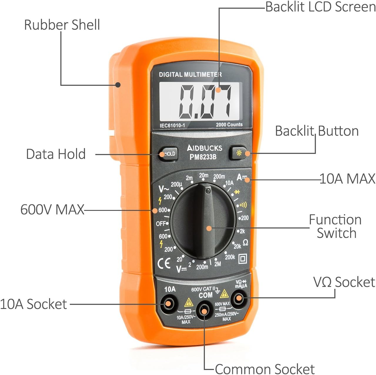 AIDBUCKS PM8233B Entry-Level Digital Multimeter AC/DC Voltage Tester Measure Frequency Resistance Capacitance Diode Continuity - Includes Battery