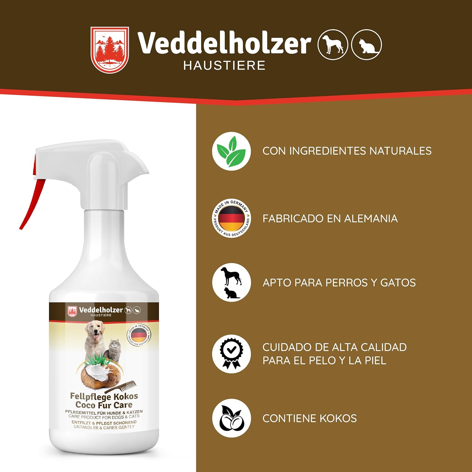 Veddelholzer 250 ml Detangler Spray Dogs Coconut for Hair Care for Dogs and Cats. Detangling Spray for Puppies, Fur, Accessories for Cats, Perfumes for Cats 3