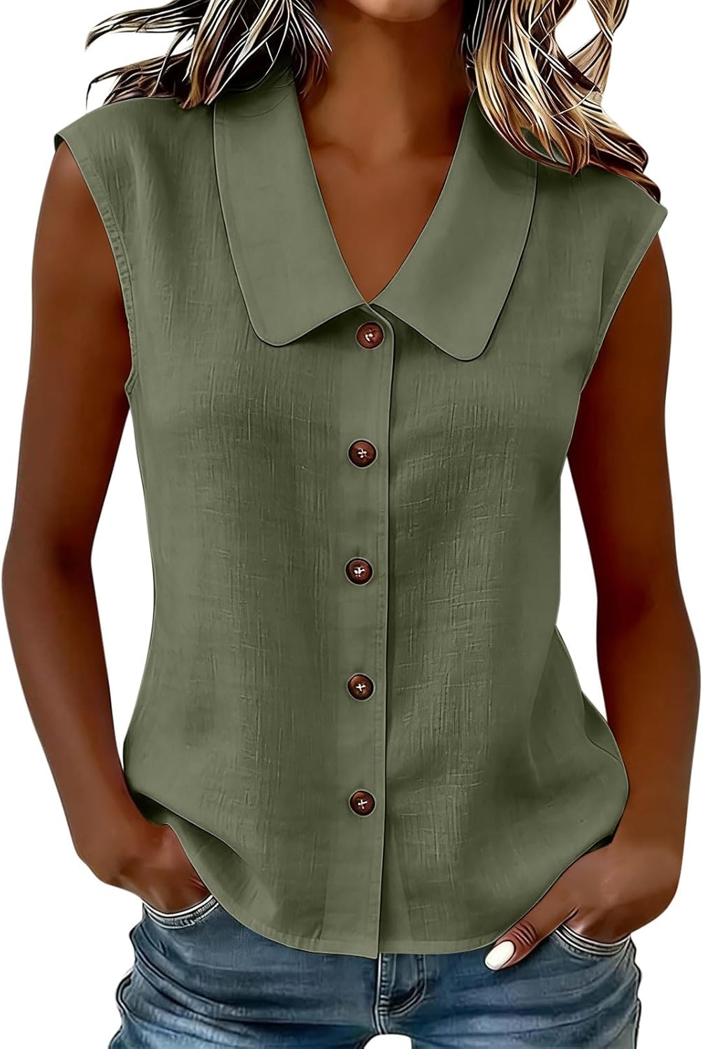 Cotton Tank Top Women Button Down Sleeveless Blouses Lightweight Collared Shirt Summer Linen Tank Tops for Vacation
