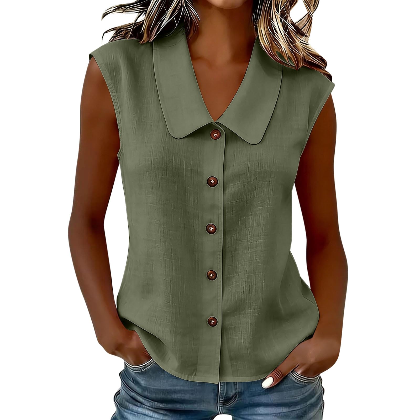 Chemisier Femme Chic et Élégant, Chemisiers et Blouses Femme D'Été sans Manches Coupe Fluide Respirant Col en Revers Bouton Lâche Respirant Couleur Unie Décontracté Tunique Tops pour Tenues Estivale
