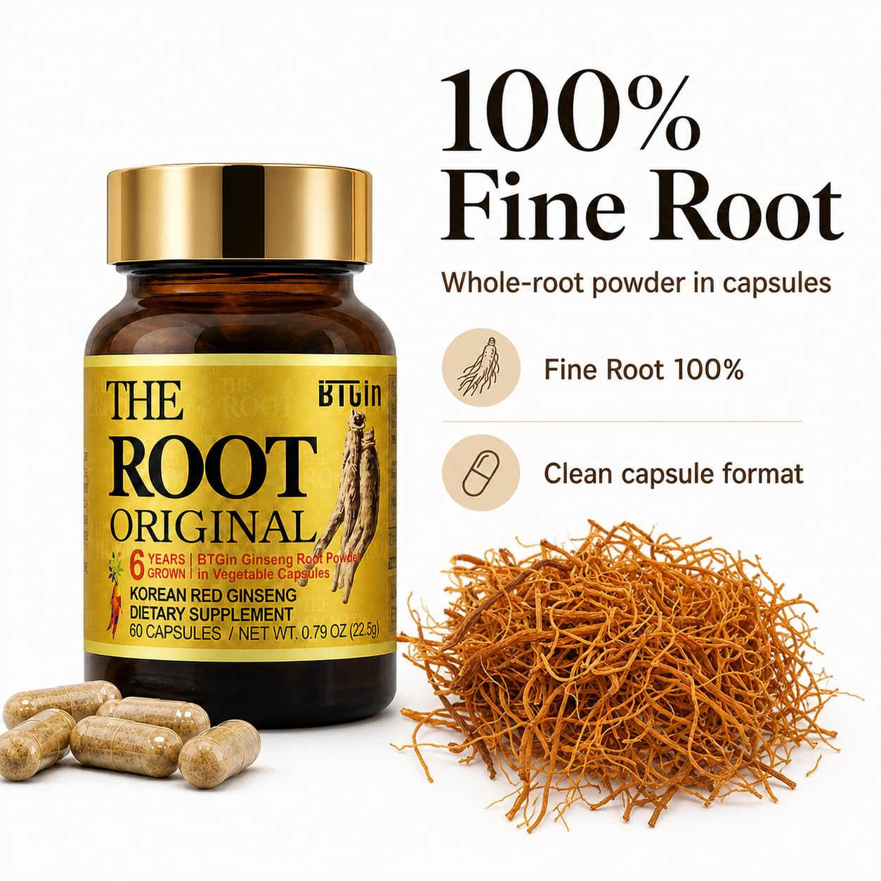 The Root Original Integratore di Ginseng Rosso Coreano Panax - 1100% Polvere di Radice Intera Fine con Fibre Naturali e Minerali - Resistenza, Benessere e Immunità Senza Caffeina - 60 Capsule