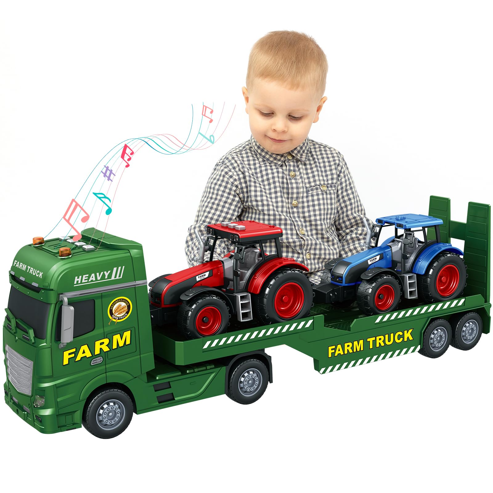 lonfypeng 3-in-1 Farm Truck Toys for Kids Ages 3-6 – 25.6 Inch Extra-Large Inertia Semi Trailer with Lights & Sounds, Detachable Tractor and Light & Sound Farm Vehicle