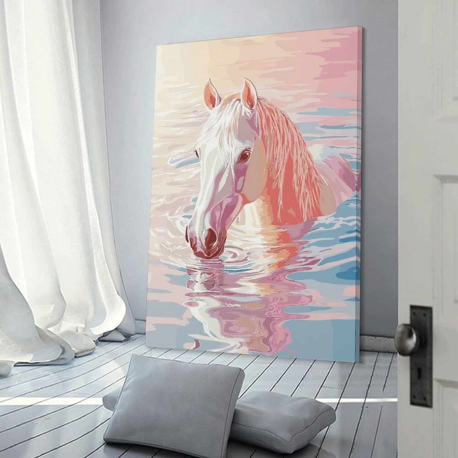 Junmoney Room Decor Wall Art White Horse in Water Painting, 16x24inch(40x60cm), for Living Room, Bedroom, Office Or Hallway, An Adaptable Decor Piece for Home Use