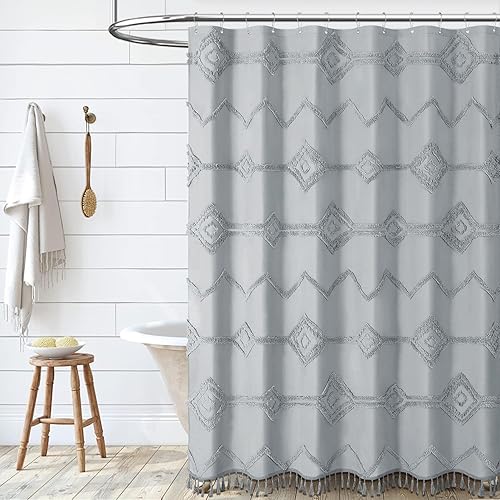 Miniatura 6 de Dynamene Cortina de ducha de tela blanca, estilo bohemio, con textura de granja, geométrica, a rayas, para baño, sin arrugas, estilo shabby chic,