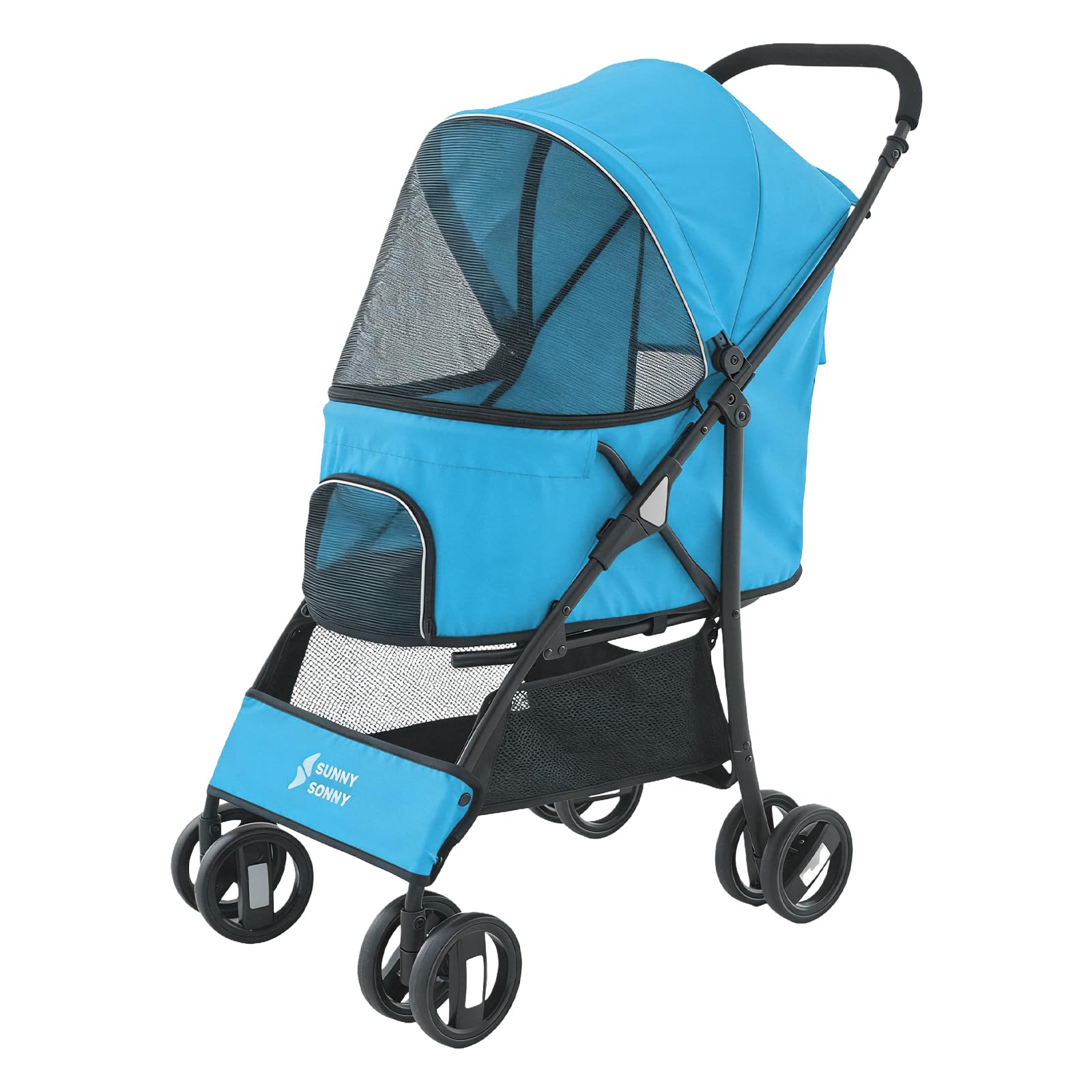 Sunny Sonny Faltbarer Jogger Haustier-Kinderwagen mit Wetterabdeckung, Aufbewahrungskorb, Haustier-Tragetasche für S/M Hunde und Katzen bis zu 15 kg (Blau)