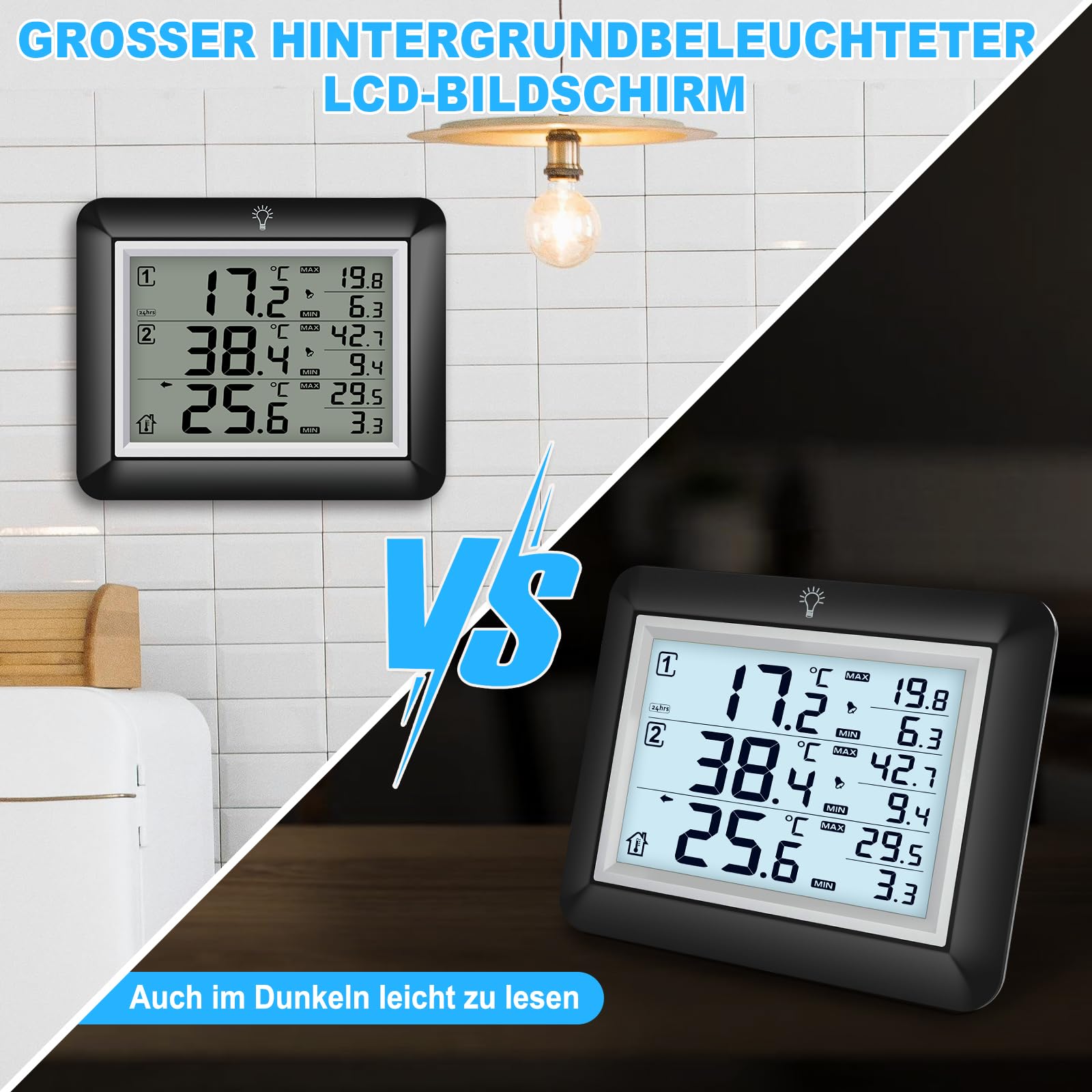 Urageuxy Kühlschrankthermometer Digital mit Alarm, Gefrierschrank Thermometer mit 100M Reichweite, Hintergrundbeleuchtung, -40 °C bis 60 °C Messung, Max/Min Werte, Geeignet für Küche und Restaurant
