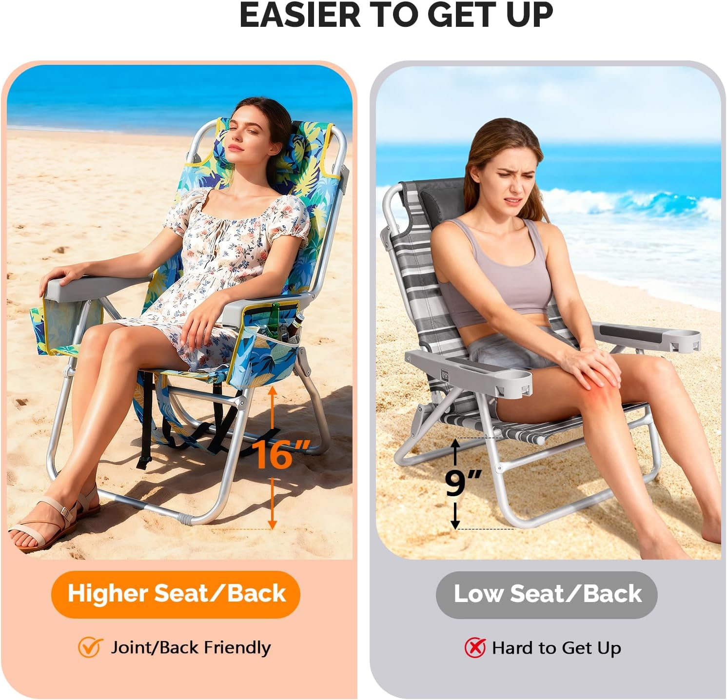 VINGLI Tall Beach Chair 2 Pack Lightweight, Backpack Beach Chair for Adults with 5-Position, Cooler Bag, Cup Holders, Towel Bar, Lightweight Folding Beach Camping Chairs