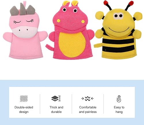 Miniatura 8 de Lurrose Guantes de esponja de baño, 3 piezas de dibujos animados de animales para ducha, suave esponja para cuerpo (abeja, hipopótamo, unicornio)