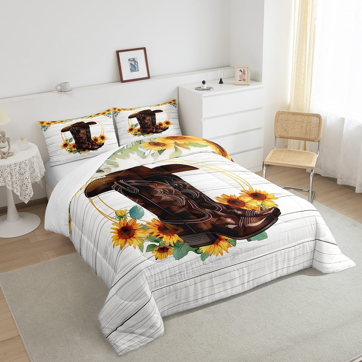 Manfei Cowboy Boots Hat Comforter Set Twin Size, Yellow Sunflower Bedding Set 2pcs for Kids Boys Girl Bedroom Decor, Grey Wooden Plank Down Comforter Soft Polyester Quilt Set with 1 Pillowcase