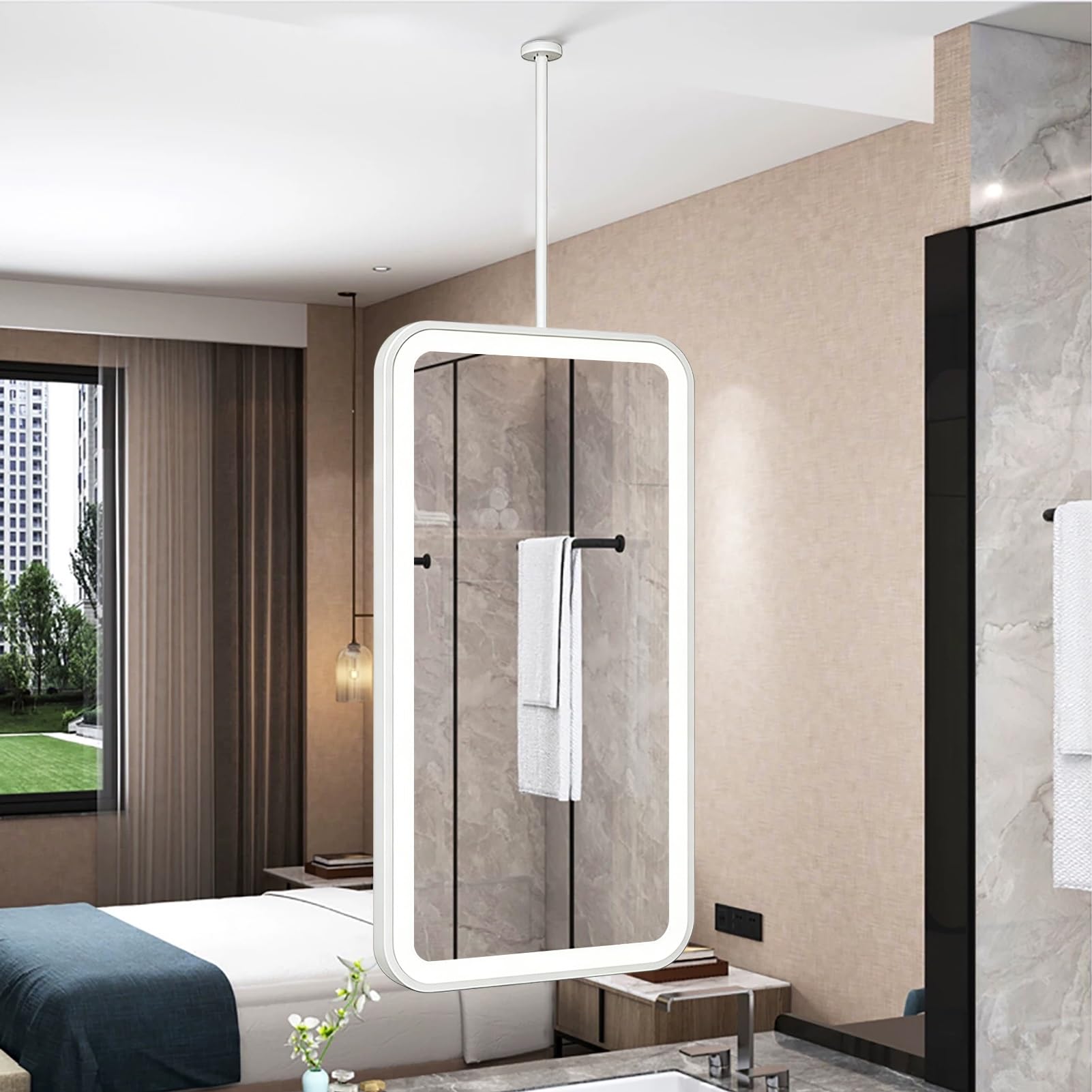 FGXHHS Wall-Mounted Rectangle with LED Lights，White Ceiling Hanging Metal Frame Illuminated Vanity Mirrors for Farmhouse，Restroom，Entryway(40cmx60cm)