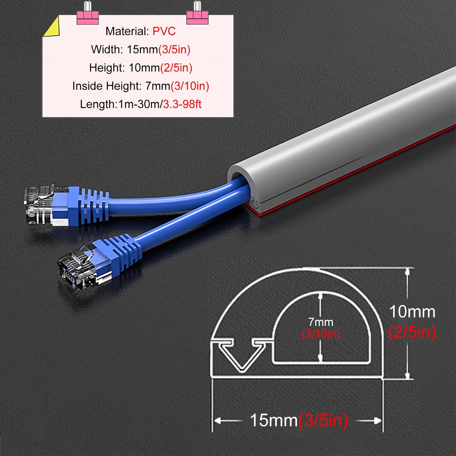 Cubiertas de suelo para cables 1 5 10 15 20 25 30 M Cubiertas De Cables De Largo Para Cables En La Pared Pequeñas, Canaleta De Cable Autoadhesiva Para Sujetar Cables Ethernet/Alimentación(Gray,2m/6.6f