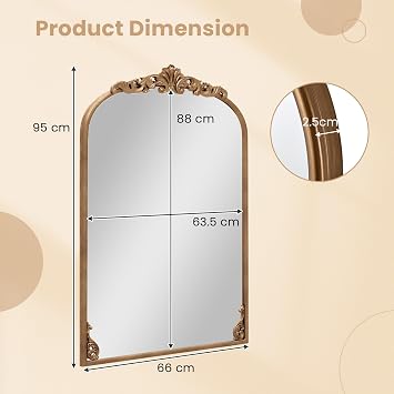 COSTWAY Decorative Wall Mirror, Vintage Ornate Baroque Arched Mirror with Hanging Hooks, Metal Frame Accent Wall Mounted Vanity Mirrors for Hallway, Living Room and Bedroom (Antique Gold, 95 x 66cm)