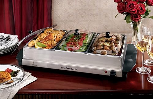 Miniatura 6 de Elite Gourmet EWM-6171 - Servidor de buffet con control de temperatura, calentador de alimentos, 3 bandejas triples de 2.5 cuartos de galón, tapas