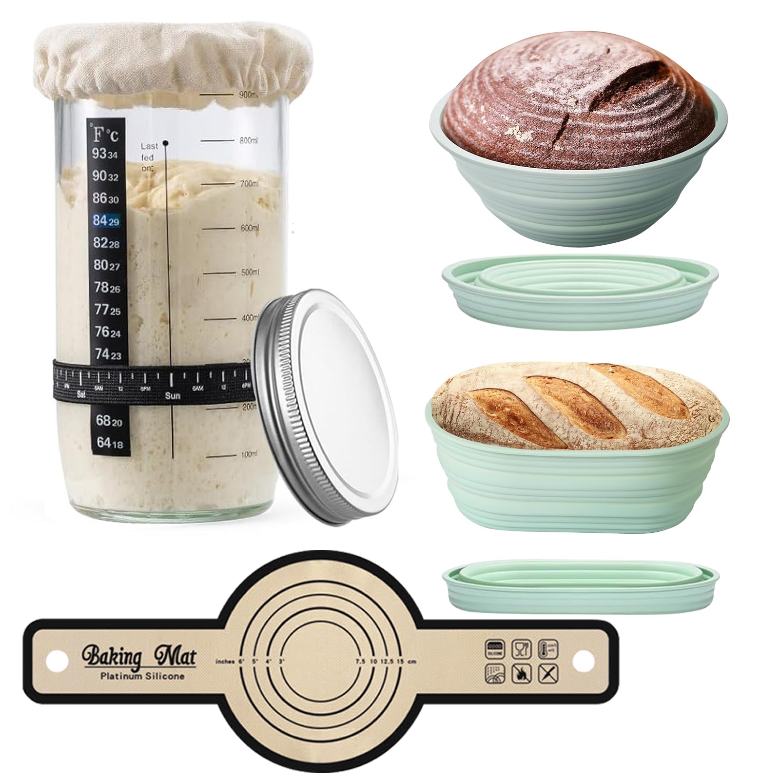 Proofing Bowls For Sourdough Bread Baking Supplies Kit, Gluten Free Sourdough Starter Kit Beginners, Silicone Banneton Bread Proofing Basket Set, Sourdough Bread Making Kit For Homemade Bread (Green)