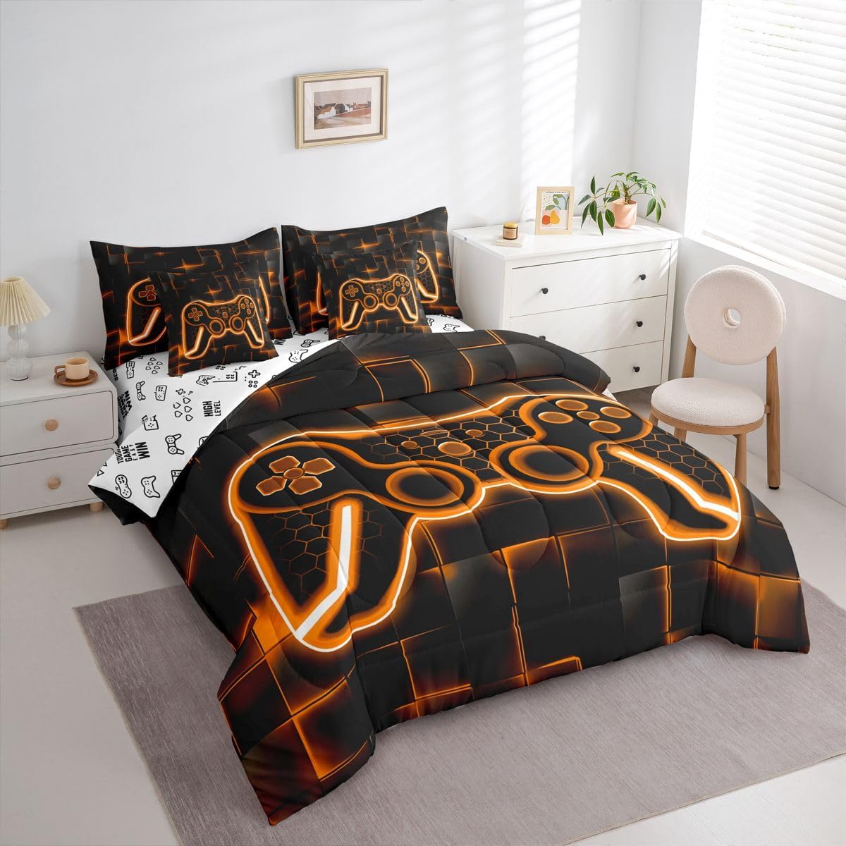 Feelyou Kids Gamer Queen Comforter Set with Sheets 7 Piece Orange and Black Bedding Set for Boys Teens Decor Gaming Ombre Bed in a Bag Geometric Square Bed Set image 2