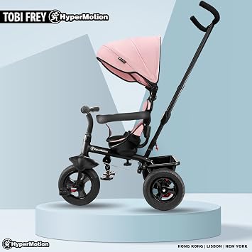 HyperMotion Toddler Tricycle with Parent Handle - Adjustable Push Bar Trike for Ages 1-4, Removable Canopy & Safety Belt - Lightweight Kids Bike with Storage Basket (Pink)