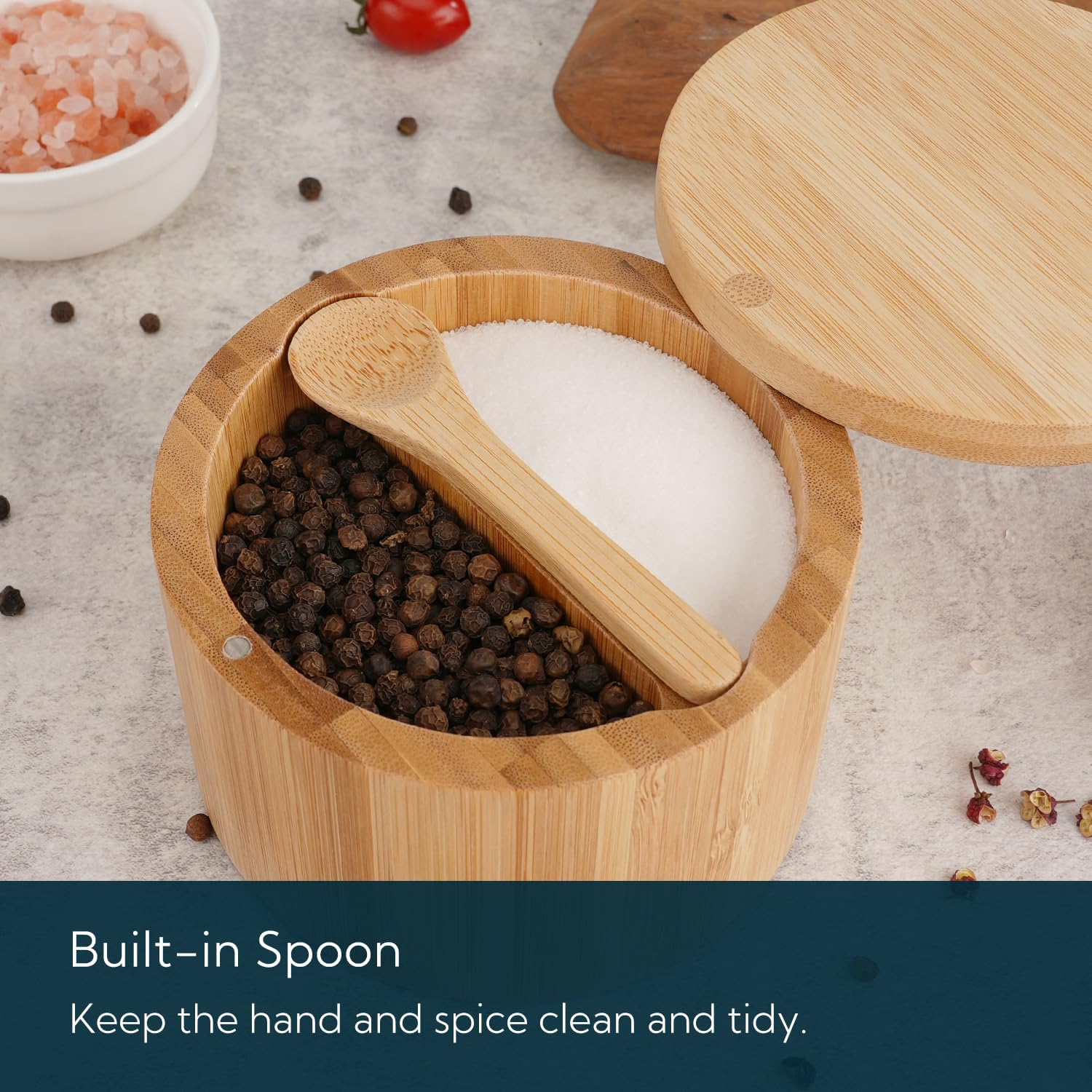 KITCHENDAO Bamboo Salt Pepper Bowl Box Cellar with Spoon and Magnetic Swivel Lid
